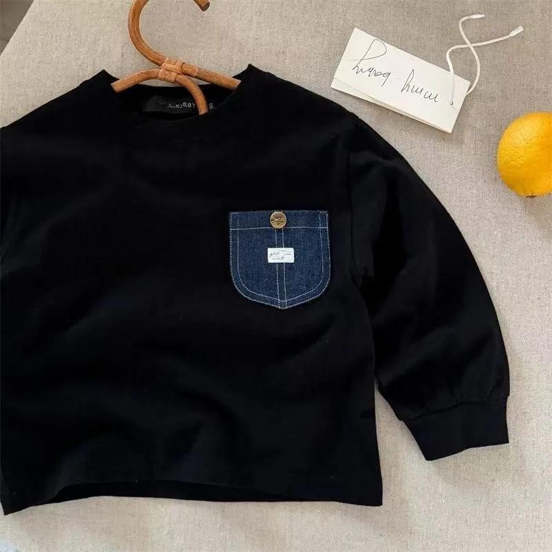 Kids Striped Letter Pocket Long Sleeve T Shirt Boys Girls New Cotton Base Layer Top 80