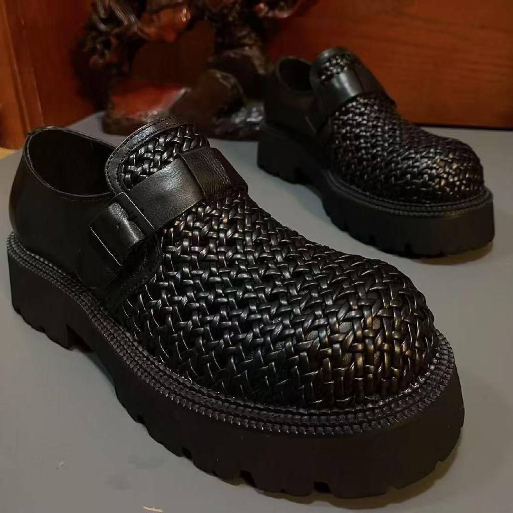 Premium commuter thick-soled trendy shoes hand-woven one-pedal hollowed-out breathable business casual height-increasing leather shoes men