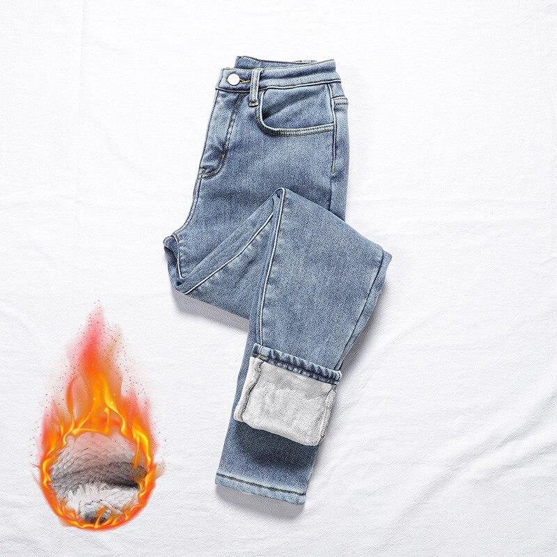 

Зимние толстые теплые повседневные джинсовые брюки-карандаш в стиле ретро для женщин, женские узкие джинсы с высокой талией, флисовые теплые облегающие эластичные женские брюки 30 светло-синий