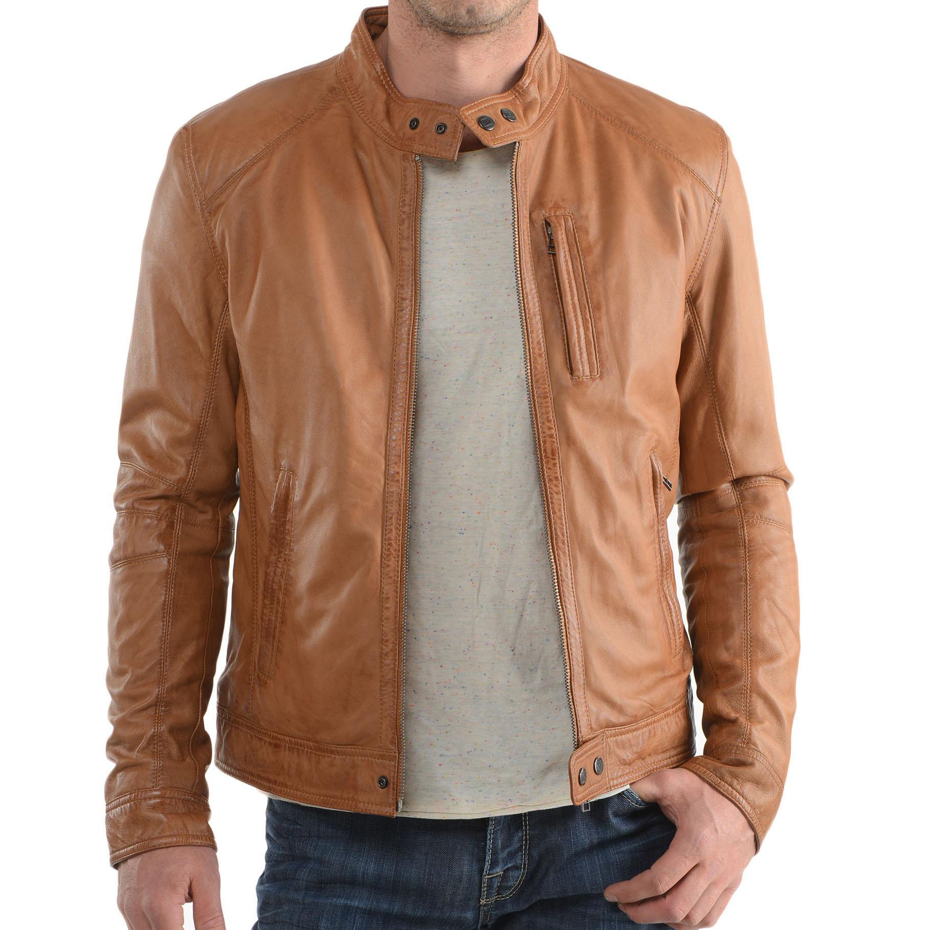 

SkinOutfit Men s Genuine Lambskin Beige Leather Jacket Stylish Motorcycle Bomber Biker Outerwear MJ 39 XS бежевий