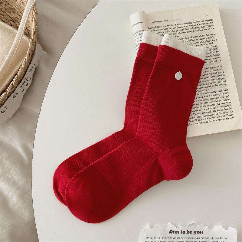 Red Socks for Women's Autumn and Winter Cotton Socks, Cute and Trendy New Year Long Socks