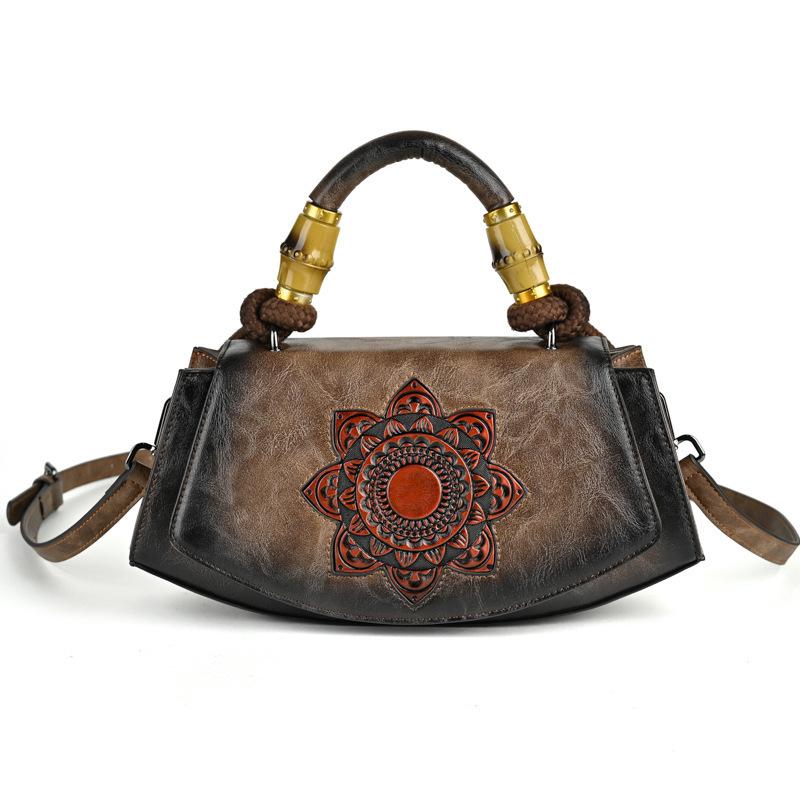 Vintage Embossed Leather Handbags for Women Designer Crossbody Shoulder Bag with Top Handle Chinese Style Handmade Purse 2025