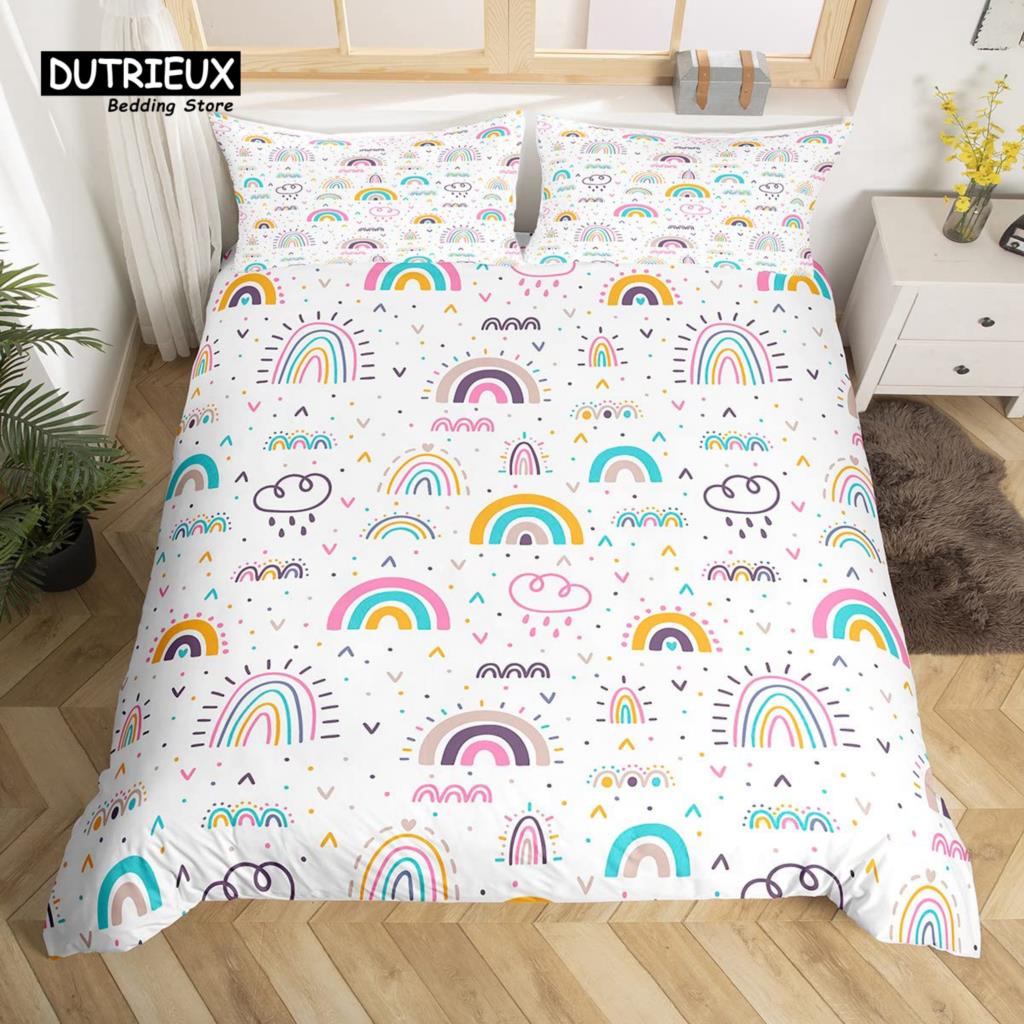 Cute Panda Duvet Cover Set Kawaii Rainbow Cartoon Animals Bedding Set Full Microfiber White Flowers Pink Heart Comforter Cover