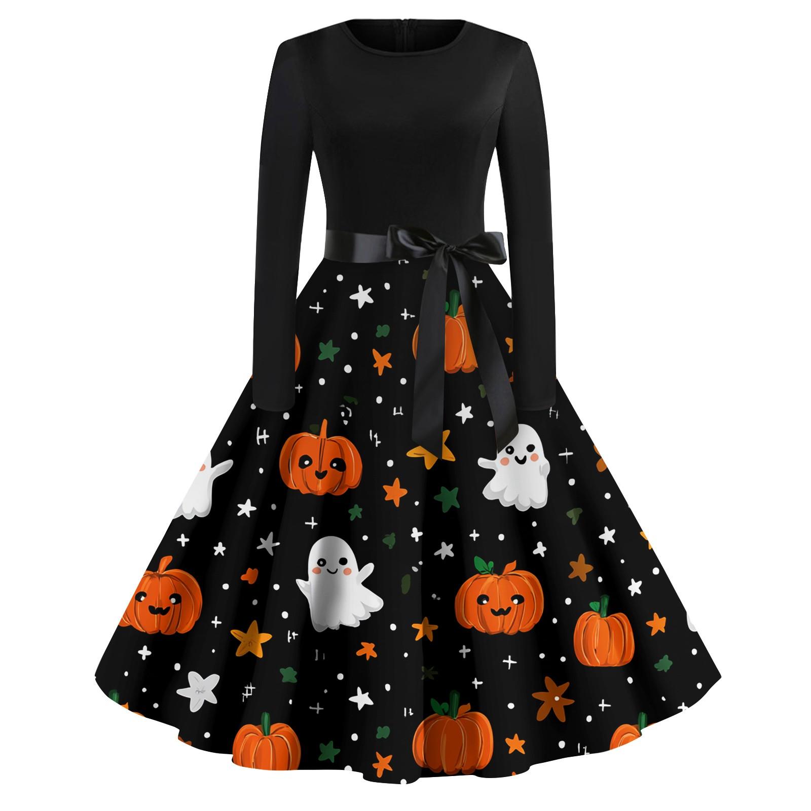 

Женские модные платья с круглым вырезом, повседневные, приталенные, с принтом на Хэллоуин, с длинным рукавом S