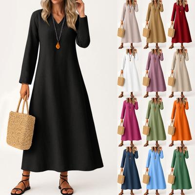 Dress For Women Long Boho Beach Dress Elegant Maxi Dress V-Neck Long Sleeve Dress With Pockets