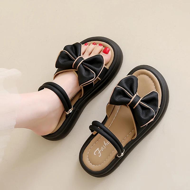 

Fashion Casual Bow Knot Platform Sandals Women All-Match Back Strap Thick Bottom Sandalias New Outwear Beach Pu Leather Sandals Mujer 40 чёрный