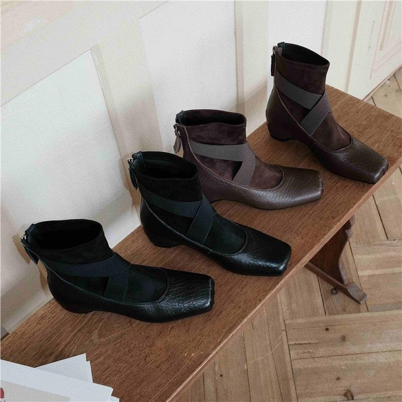 Sheepskin version~ genuine leather 5cm retro cross strap square head elephant pattern ballet clear cold wind designer fashion short boots