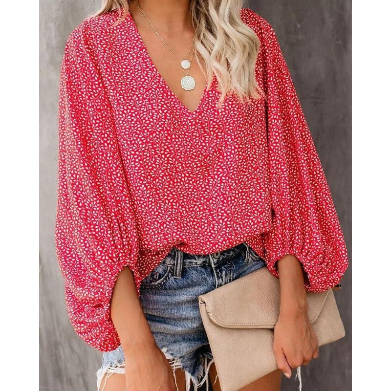 TIFICY Women's Fashion Casual Spring Autumn Flower Pattern Print Long Sleeve V-Neck Blouses & Shirts