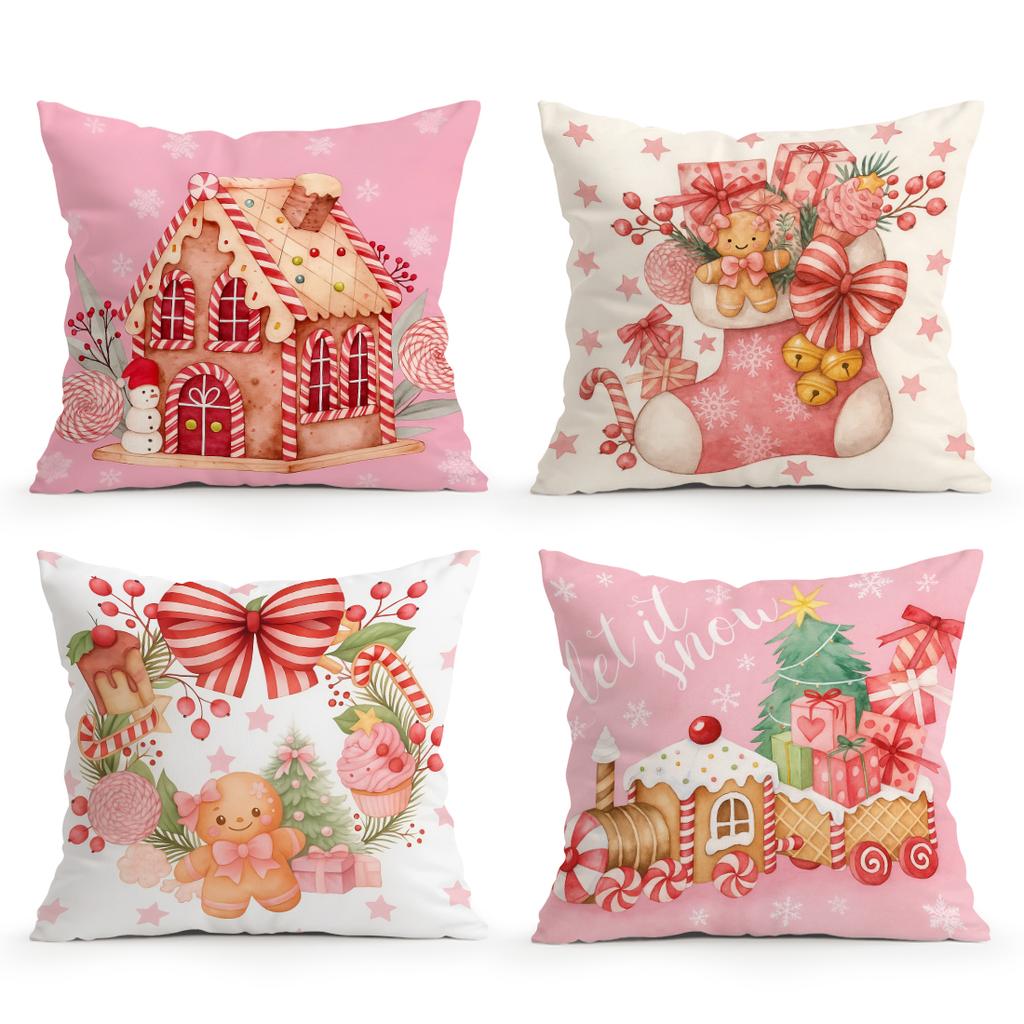 Pink Christmas Gingerbread Man Pillowcase Bedroom Sofa Cushion Cover 100% Polyester Living Room Cushion Pillowcase Home Decor