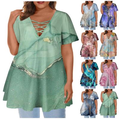 Women's Large Top Round Neck Printing Loose Deep V Hollow Sexy A-line Short Sleeve