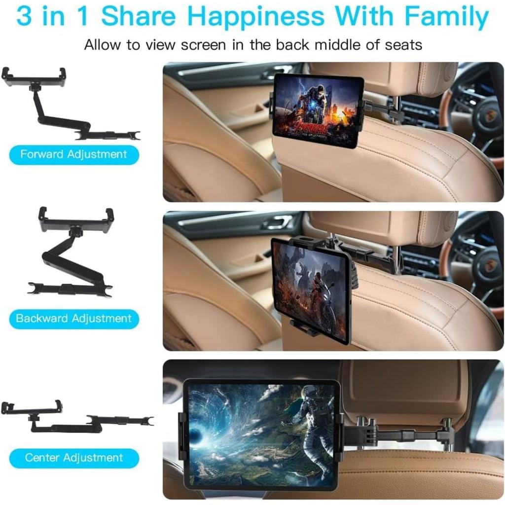 Car Headrest Tablet Mount,Car Back Seat iPad Holder with Foldable Extension Arm,360° Rotating Car Tablet Holder for Kids for iPad Pro, Air, Mini