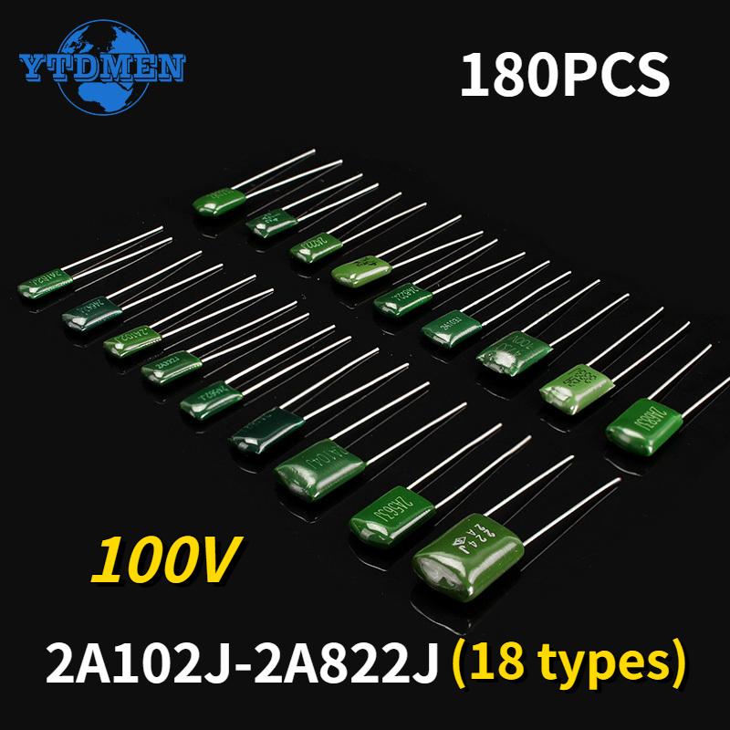 

180PCS 100V Polyester Film Capacitor Assortment Kit 2A102J-2A822J 18Values *10pcs 102 222 472 103 223 1NF 2.2NF 10NF 100NF 0.1UF 680NF зелений