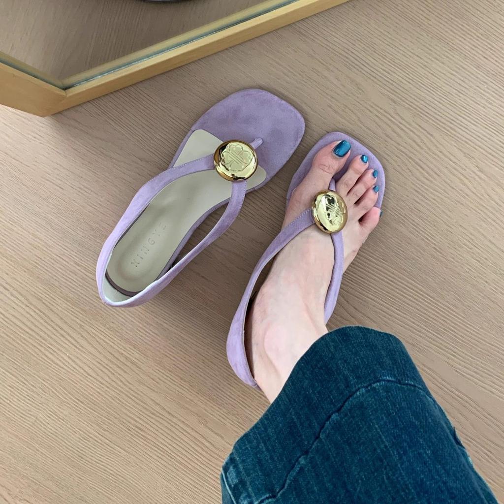 Fashion Inside Heightened Fashion Metal Round Buckle Clip-toe Sandals Women's Summer New Soft-soled Herringbone Sandals and Slippers