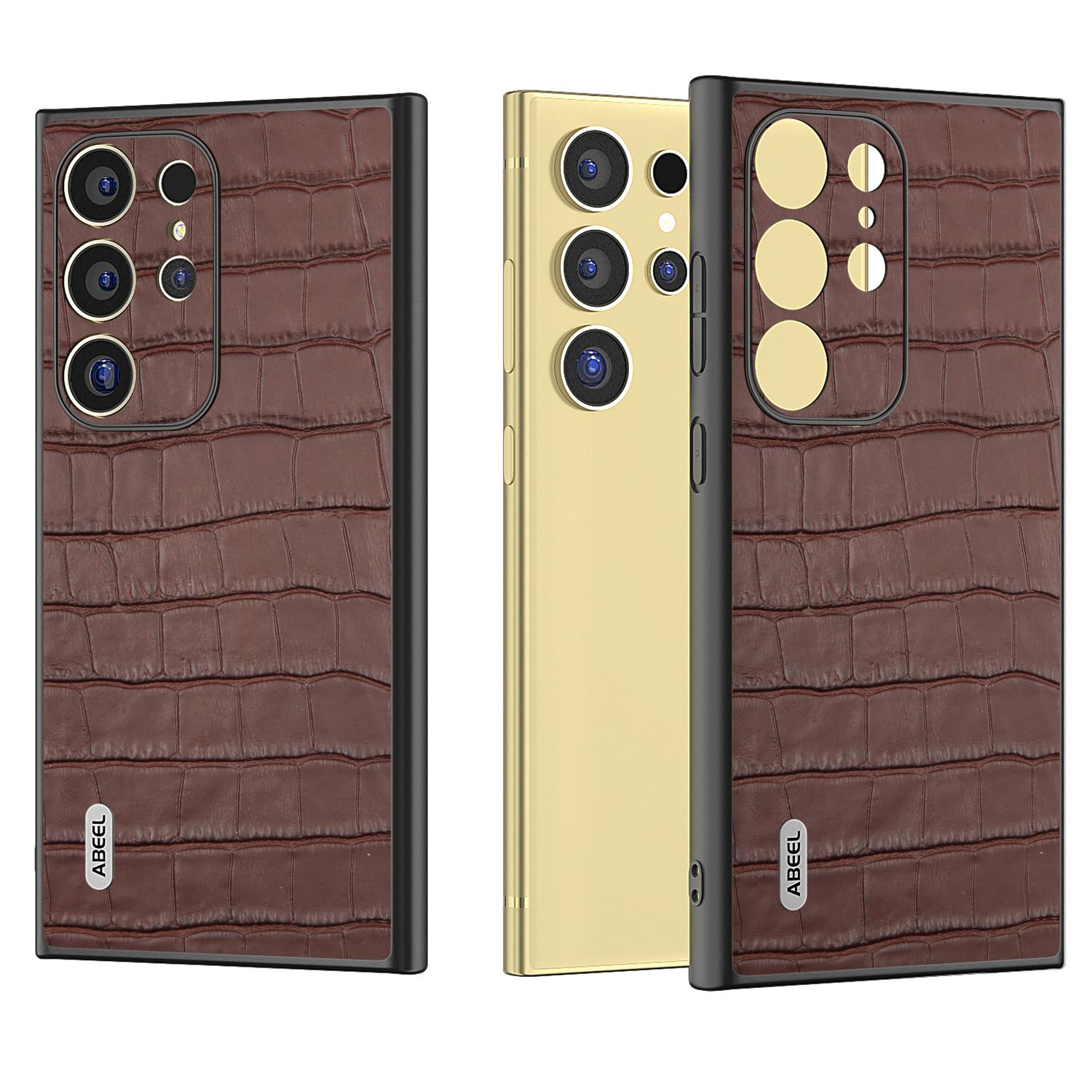 

ABEEL For Samsung Galaxy S24 Ultra Case Genuine Cow Leather Crocodile Texture Cell Phone Cover Brown