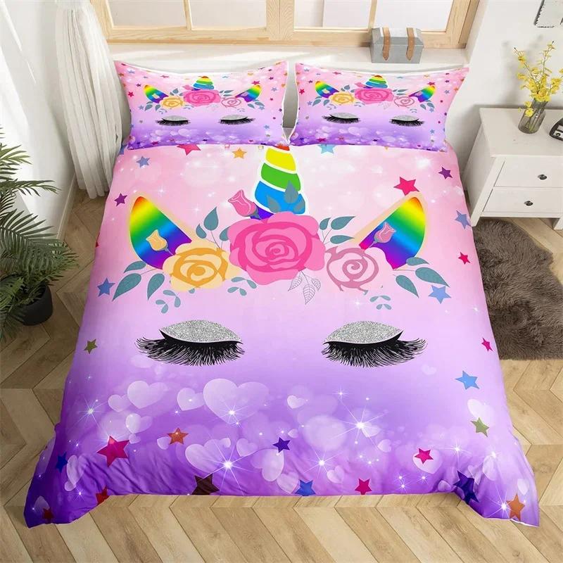 Cartoon Unicorn Duvet Cover Set Smile Eyelash King Bedding Set For Girls Woman Microfiber Mermaid Scale Floral Comforter Cover