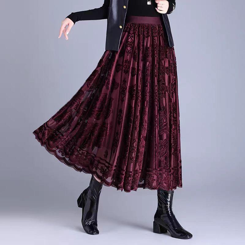 Women's Mesh Flocked Skirt Wide Flare High-Waisted Elastic Waist Gold Velvet Skirt A-line Pleated Skirt