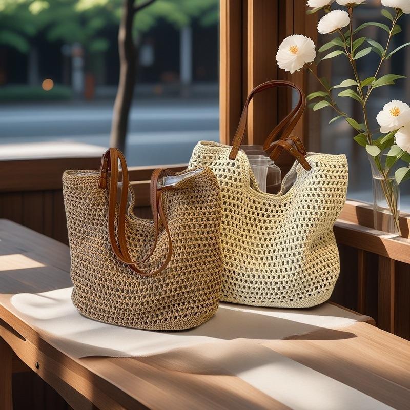 Summer Straw Woven Bag Women's New Cotton Thread Woven Bag Large Capacity Shoulder Bag Messenger Bag Handbag
