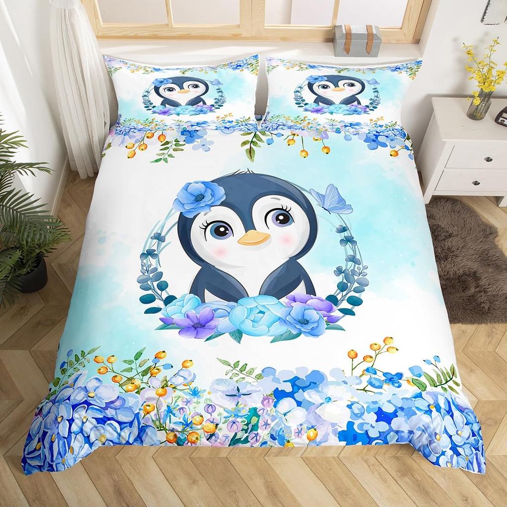Cute Penguin Duvet Cover Animal Pattern Bedding Collection Comforter Cover For Boys Girls Kids Room Decor Full Size With 2 Pillow Case