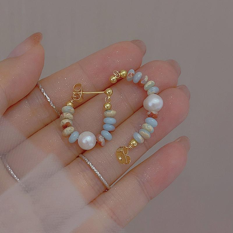 Vacation Design Natural Stone Beaded Pearl Pendant Earrings for Women and Girls Fashion Jewelry Unusual Accessories