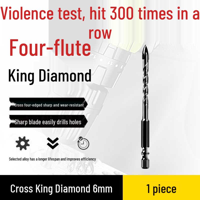 Impact Hex Shank Four-Blade Cross King Drill Bit for Concrete, Tile, and Glass