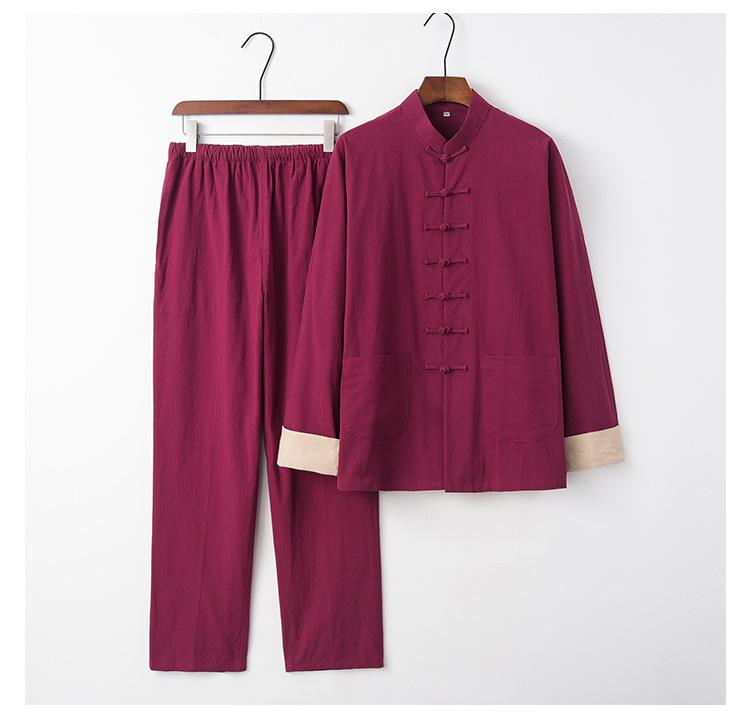 Men's Retro Embroidered Tang Suit Set - Cotton & Linen Long Sleeves for Spring/Autumn Zen Meditation