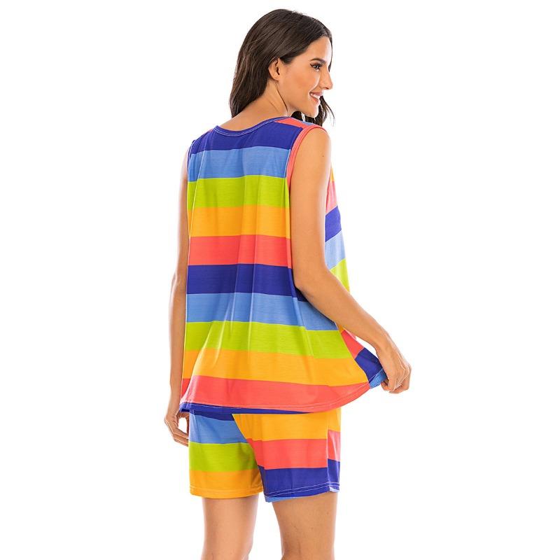 Fashion Casual Womens Yyfs Summer Spring Colour Block Print Sleeveless Oneck Trousers Pants Suits