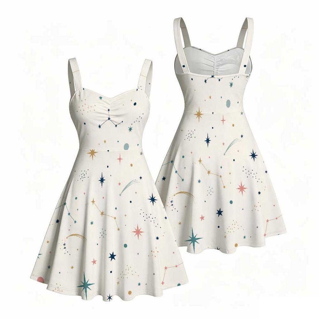 Women Plus Size Spaghetti Strap Off Shoulder Dress Constellation Shooting Star Celestial Print Swing Dress