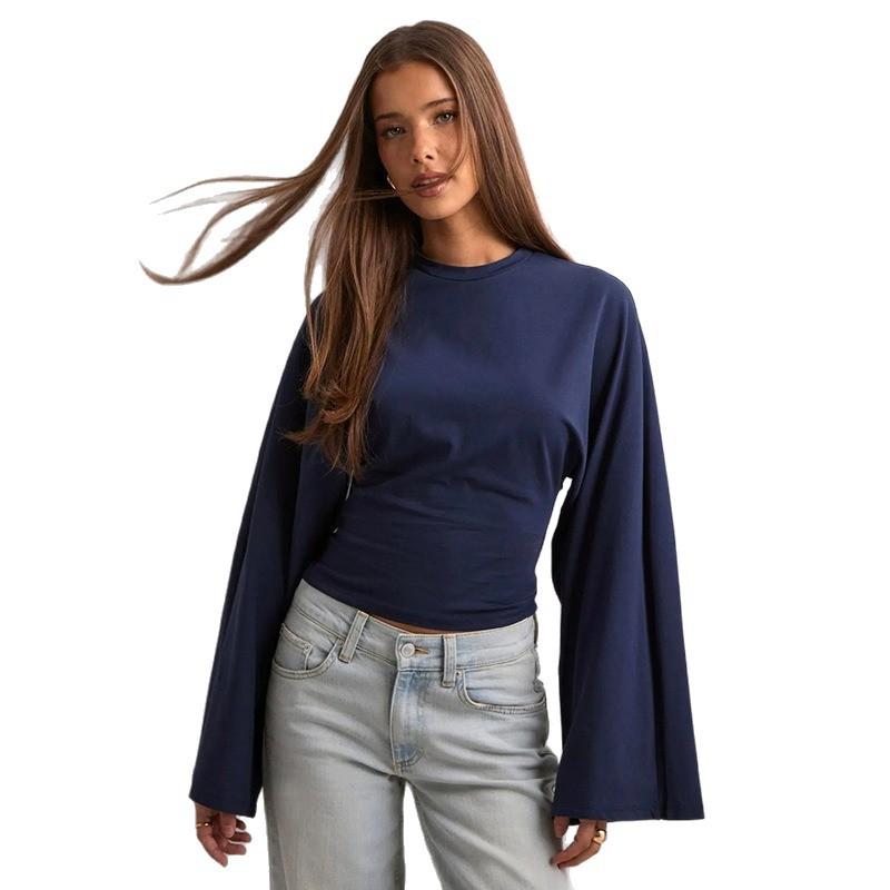 Women's Flare Sleeve Ruched Crop Top Crew Neck Casual Long Sleeve T-Shirt