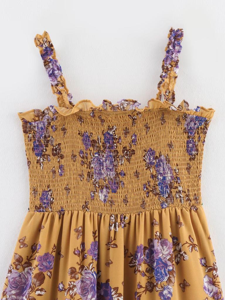 Spring 2025 European & American Style Women's Chiffon Print Waist-Gathering Sling Dress