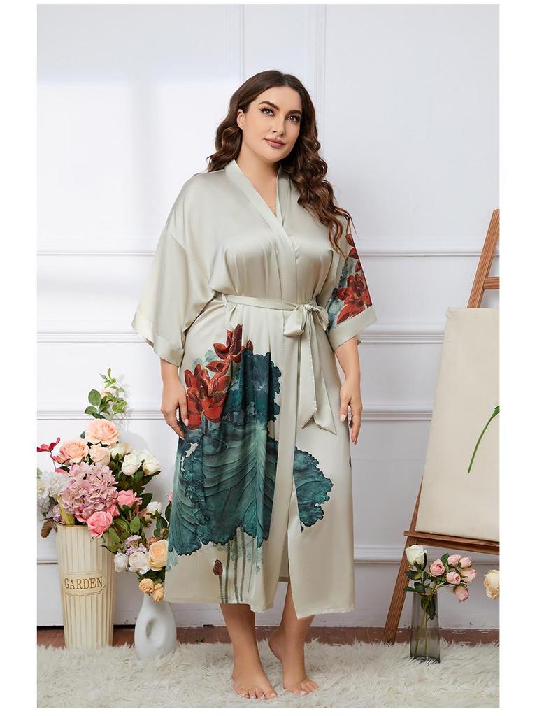 Übergröße Satin Sommer Pyjama & Bademantel Set für Damen - Leichter Luxus Eisseide