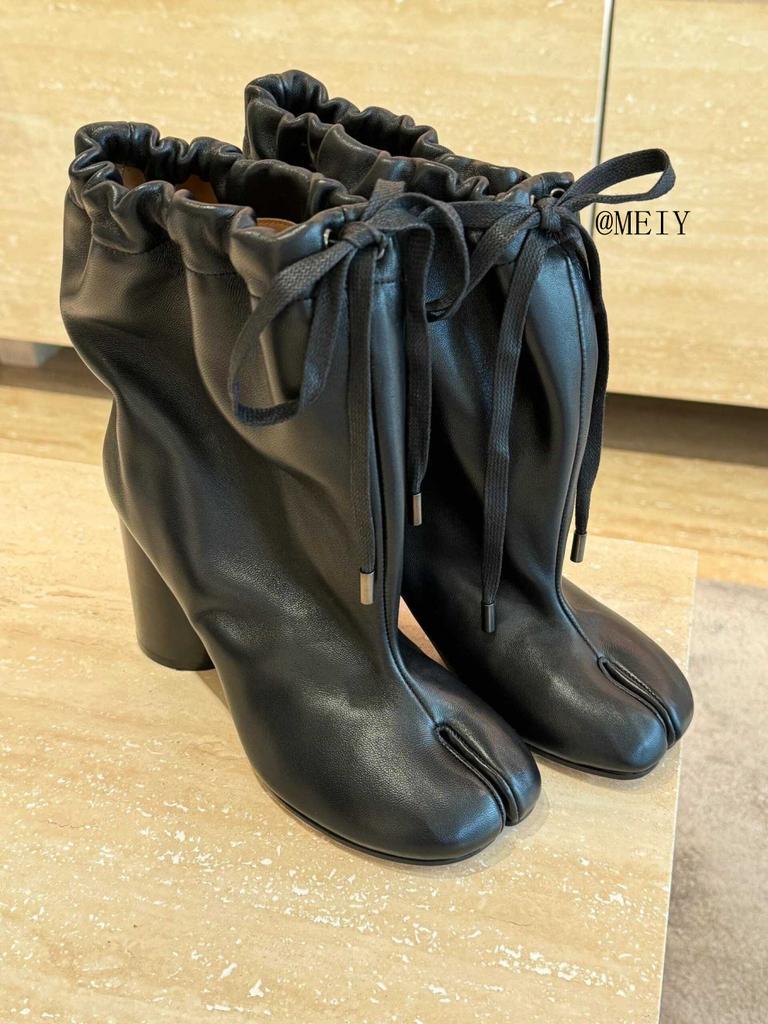 Cowhide version~ autumn and winter new wide tube lace-up split-toed pig's trotters boots women's genuine leather Korean version versatile western Mart