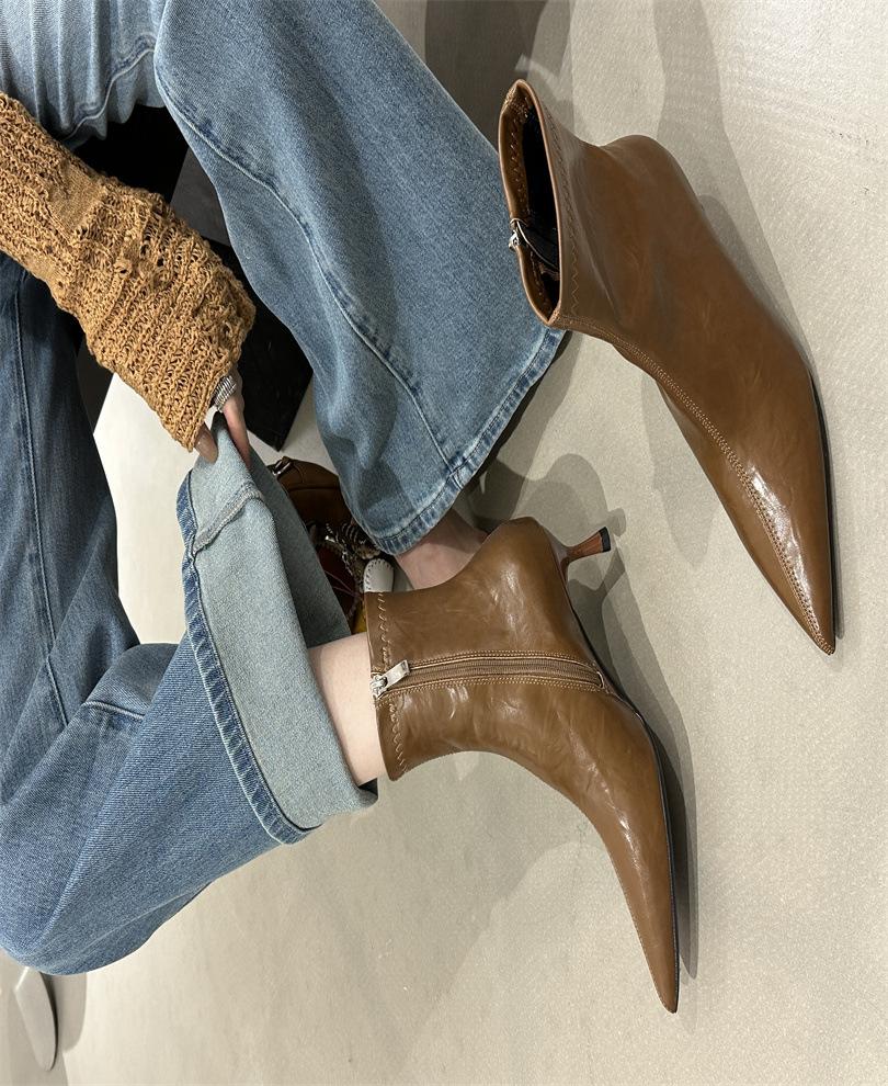 

Парижская рабочая одежда~ осень и зима новый зарубежный стиль тонкий рукав острый носок тонкий каблук ol для通勤 женщины и ботильоны высокий каблук короткие ботинки 39 светло-коричневого