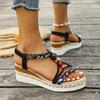 Fashion Women's Sandals Summer 2025 Bohemian Style Rhinestone Wedge-heeled Sandal Casual Mixed Color High Heel Open-toe Roman Sandales