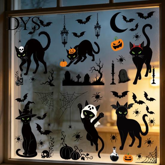 Easy Apply Electrostatic Decals 6 Sheets/Set Black Cat Window Stickers, Adhesive Free Static Clings, Removable Stickers Halloween Bat Pumpkin