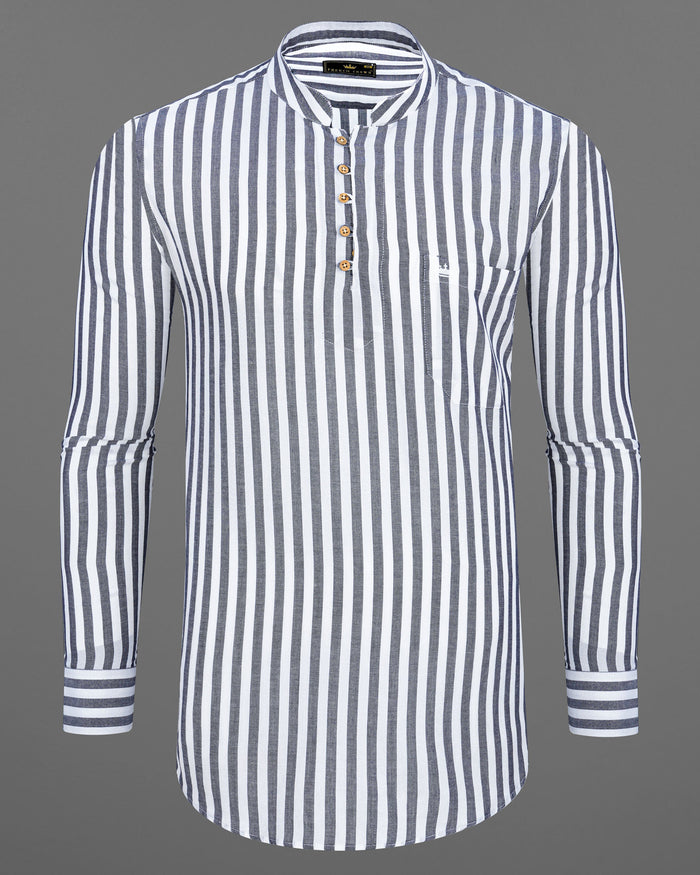 Ярко-белая рубашка-курта из премиального тенселя в полоску с кимберли-серым 38