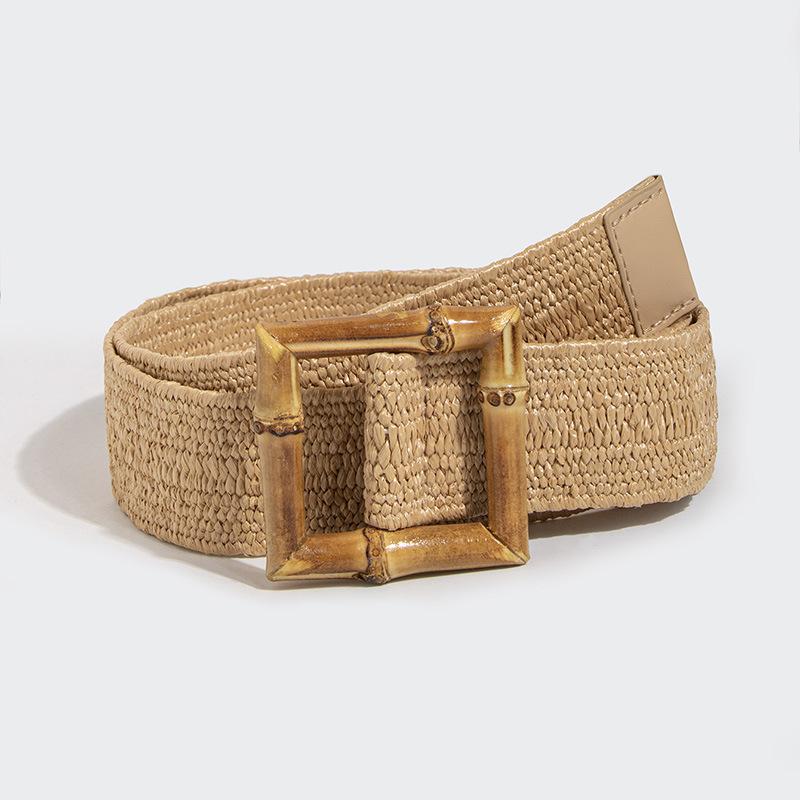 

Women s Korean Version of Summer PP Lafite Elastic Woven Bamboo Buckle Belt Versatile and Beautiful Casual Ethnic Style Women s Belt 100cm