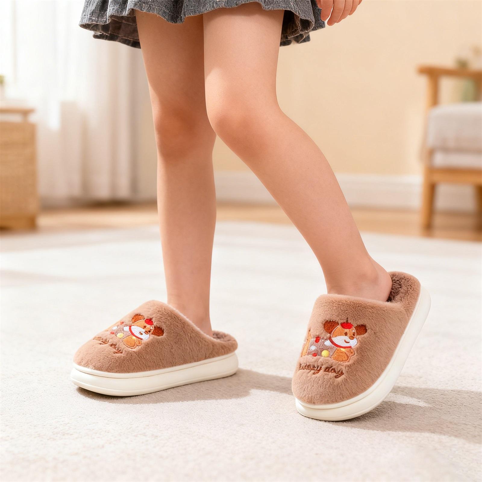 

Winter Baby Girls Cute Printed Cotton Slippers Kids Warm Thick Soled Fleece Cotton Slippers Children Indoor Fashion Cotton Shoes 28 кофейный