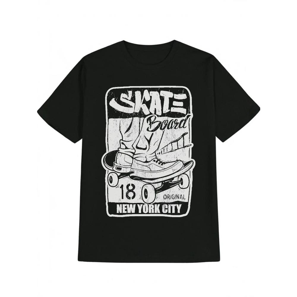 Men's Casual Crew Neck T-Shirt with Skateboard Graphic SKATE BOARD Print Black Polyester Machine Washable Ideal Gift for Men