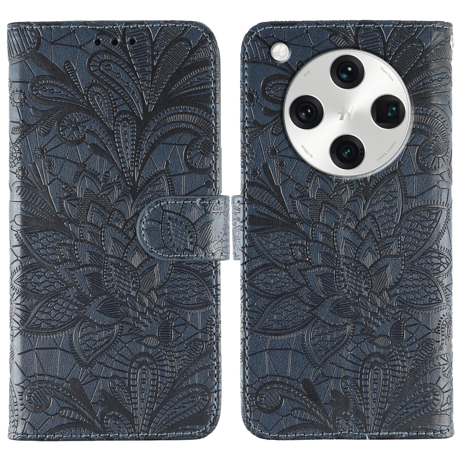 

For Oppo Find X8 Pro 5G Case Lace Flowers PU Leather Flip Wallet Phone Cover Dark Blue