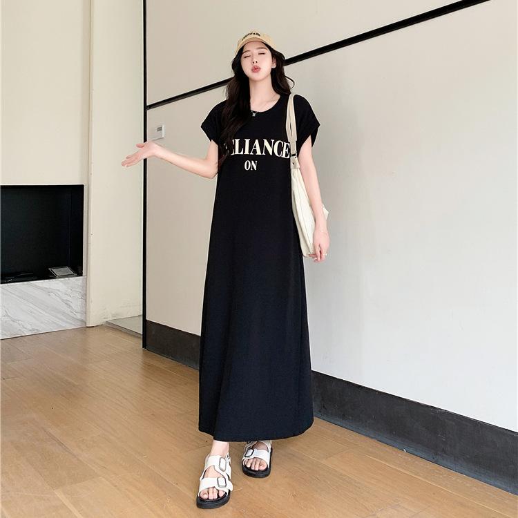 European casual arm-covering dress summer large size fat mm loose belly-covering straight T-shirt skirt split-ended long dress