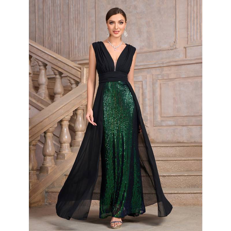 Polyester Sequined A Line Dress For Formal Parties With V Neck And Sleeveless Design
