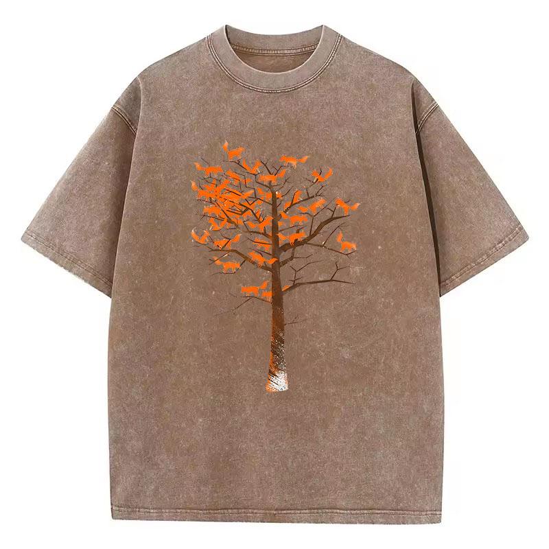 Summer T Shirt Vintage Washed Cotton T-Shirt Japanese Style Cat Climb Tree Graphic Tee Casual Streetwear Spring