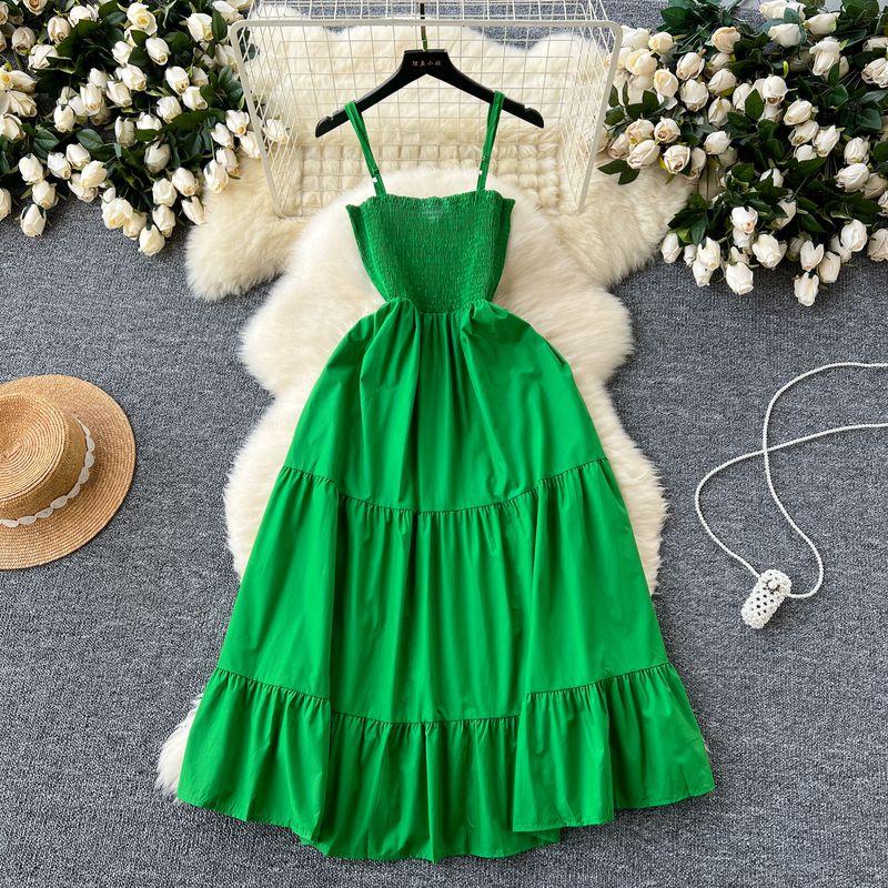 Sling Dress Women's 2024 Summer Dress New Arrival Elastic Tight Waist Slim Looking Sleeveless Tube Top Ruffles Long Dress