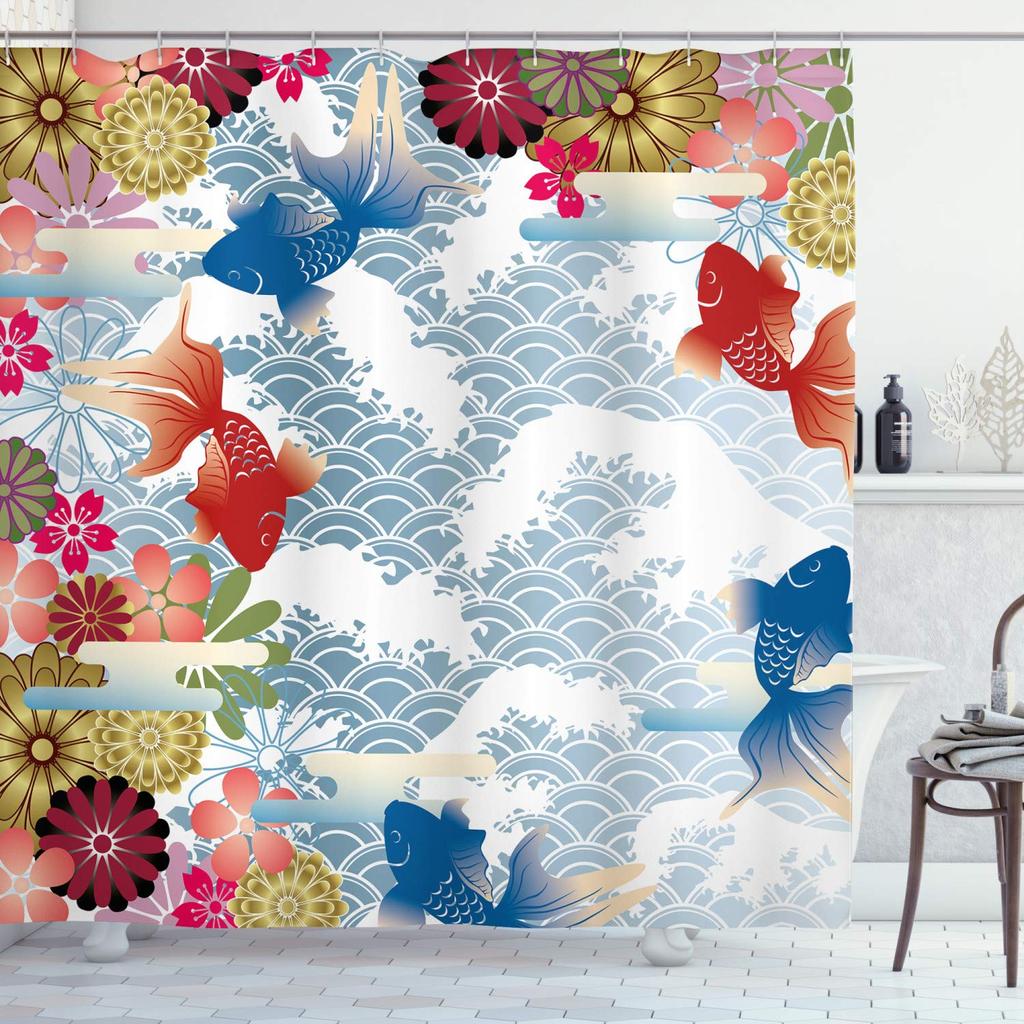 Japanese Waves Shower Curtain Cherry Blossom Pulm Flower Moon Koi Fish Kanagawa Waves Asian Romantic Fabric Bathroom Curtains