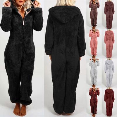 Women Long Sleeve Hooded Jumpsuit Pajamas Casual Winter Warm Rompe Sleepwear