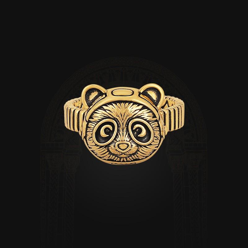 Adjustable Open Ring With Retro Black Gold Astronaut Panda Design Unisex Statement Jewelry Adjustable Open Band