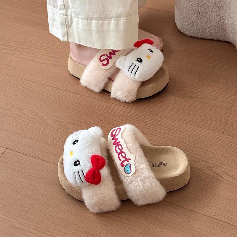 Cute Fluffy Slippers for Girls To Wear In Autumn and Winter, Thick-bottomed Comfortable Home Leisure Open-toed Versatile Cotton One-word Slippers