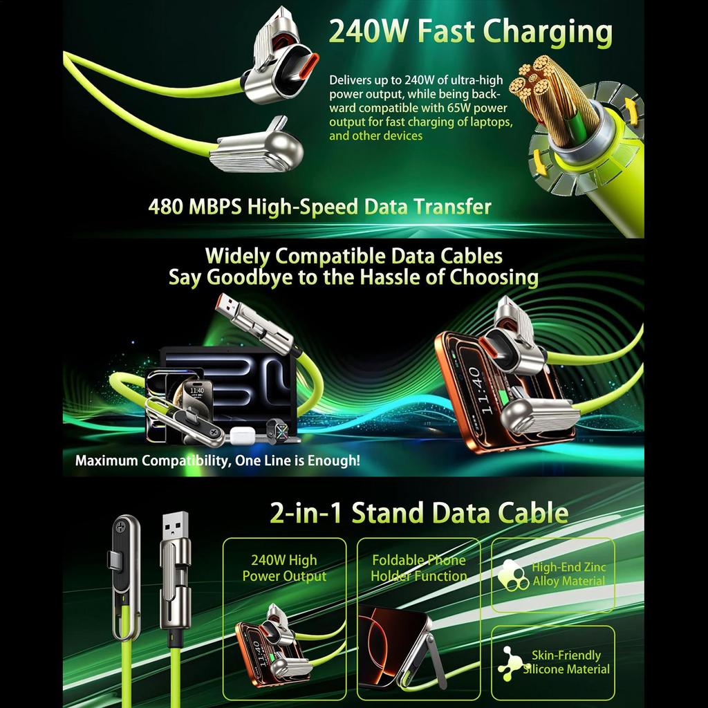 240W Fast Charging Cable With Hide Bracket USB-A/C To Type-C Dual-head Charging Cable Side-mounted Phone Charging Cable