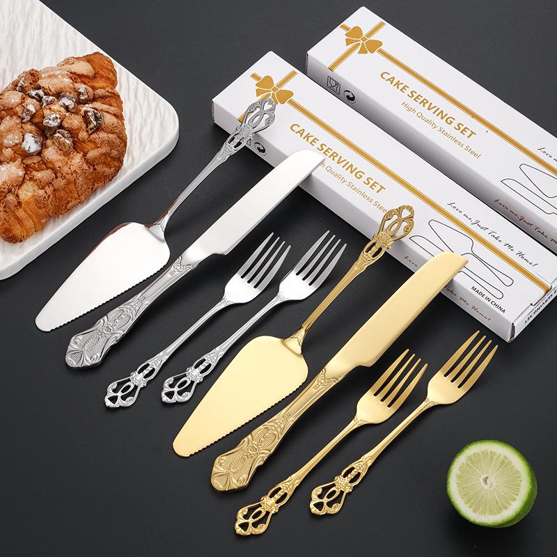 Stainless Steel Cake Cutting Set, Elegant Gold Cake Cutter and Cake Server with Small Forks, Use for Home, Anniversary, Birthday, Wedding, Party