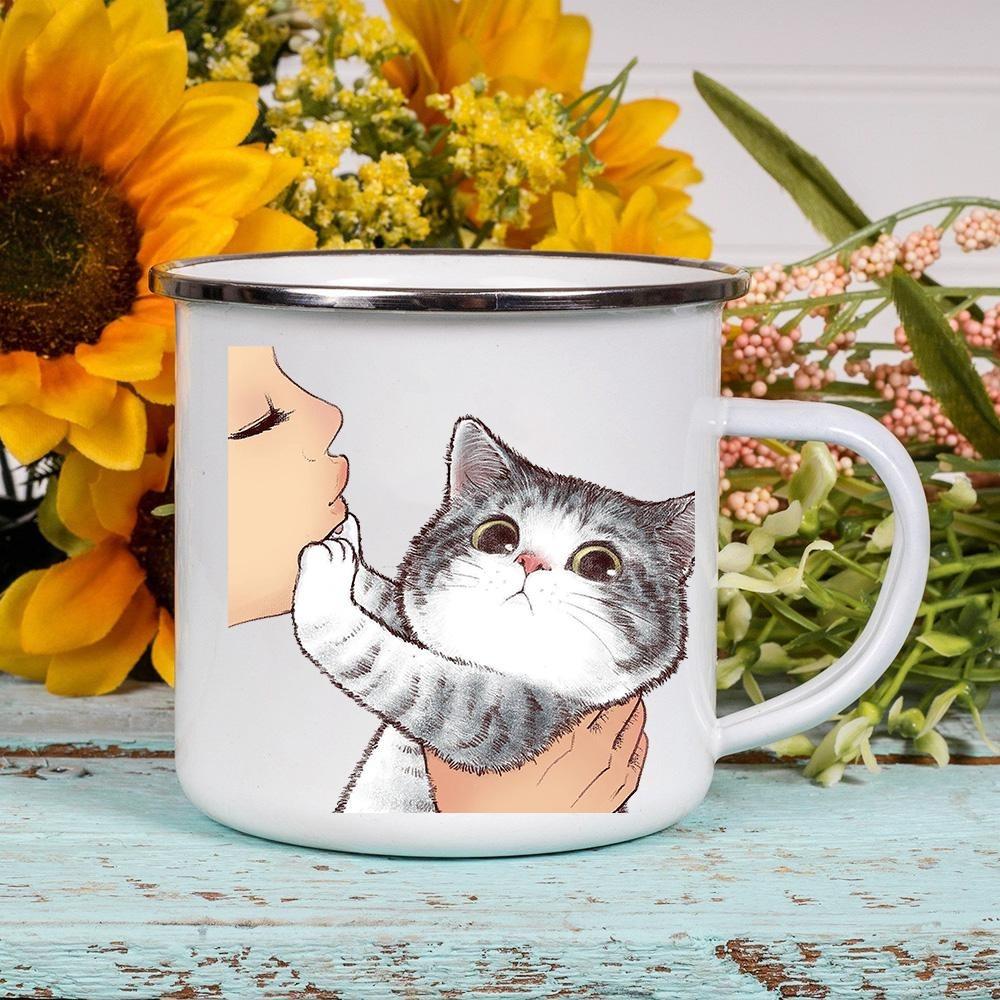 Dessin animé chat impression émail café thé tasses mignon Animal petit déjeuner Dessert lait eau tasses amour chat maison Drinkware meilleur ami cadeaux